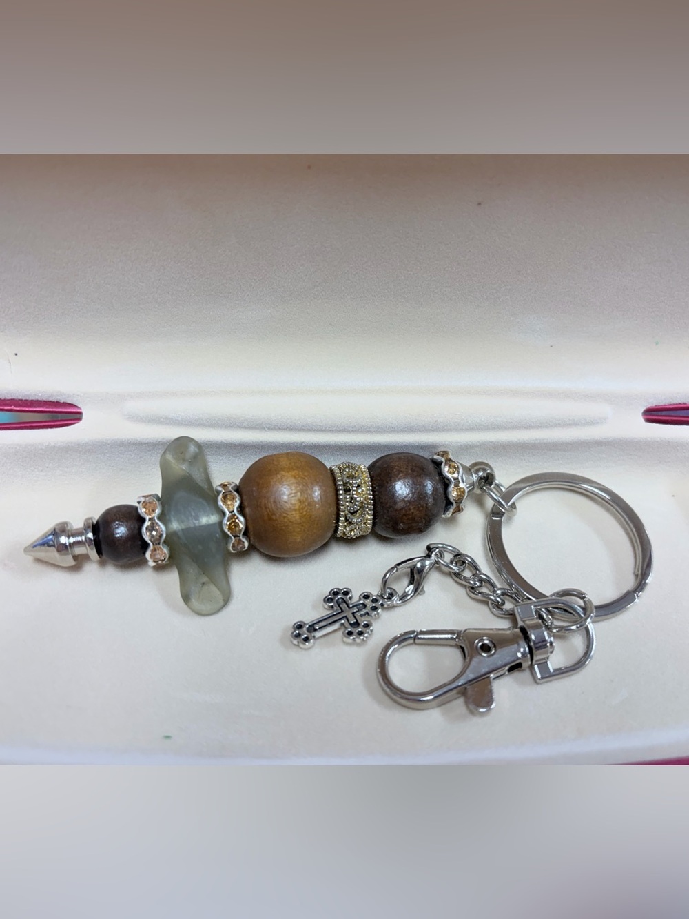 Hand Crafted Brown Wood Bead & Silver Keychain with Cross Charm